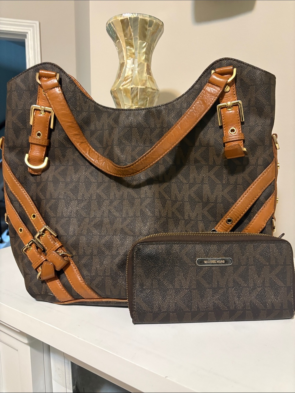 Michael Kors Brown Logo Shoulder Bag with Tan Trim and Matching Wallet